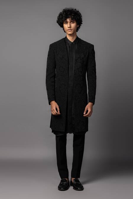 PAARSH Black Linen, Satin Cut Work, Beads, Embroidery Sherwani Pant Set Online at Aza Fashions PAARSH_Black Linen, Satin Cut Work, Beads, Embroidery Sherwani Pant Set _Online_at_Aza_Fashions