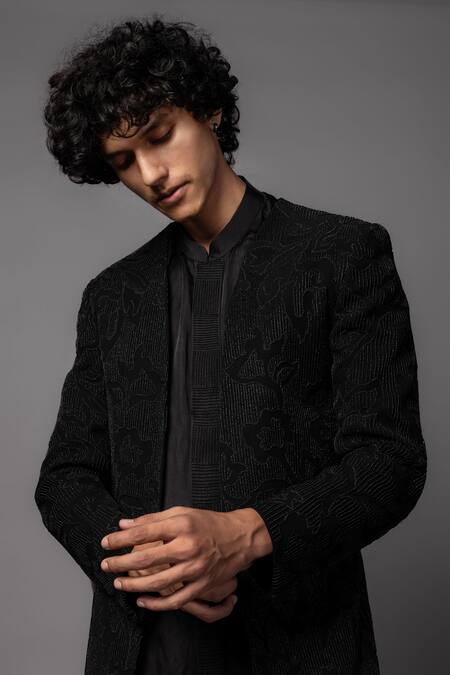 Buy PAARSH Black Linen, Satin Cut Work, Beads, Embroidery Sherwani Pant Set Online at Aza Fashions Buy_PAARSH_Black Linen, Satin Cut Work, Beads, Embroidery Sherwani Pant Set _Online_at_Aza_Fashions
