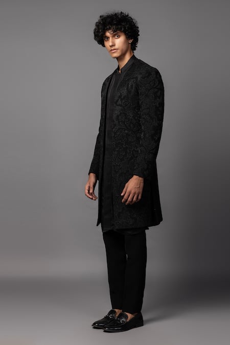 Shop PAARSH Black Linen, Satin Cut Work, Beads, Embroidery Sherwani Pant Set Online at Aza Fashions Shop_PAARSH_Black Linen, Satin Cut Work, Beads, Embroidery Sherwani Pant Set _Online_at_Aza_Fashions