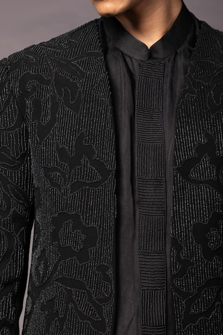 PAARSH Black Linen, Satin Cut Work, Beads, Embroidery Sherwani Pant Set at Aza Fashions PAARSH_Black Linen, Satin Cut Work, Beads, Embroidery Sherwani Pant Set _at_Aza_Fashions
