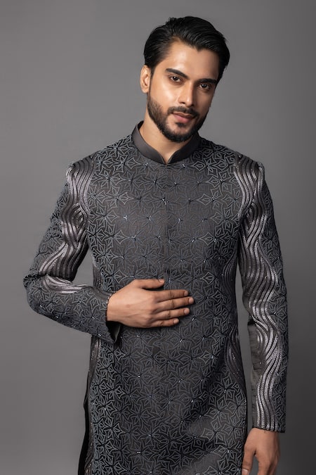 PAARSH_Black Linen, Satin Cut Work Gradient Embroidered Achkan With Pant _Online_at_Aza_Fashions