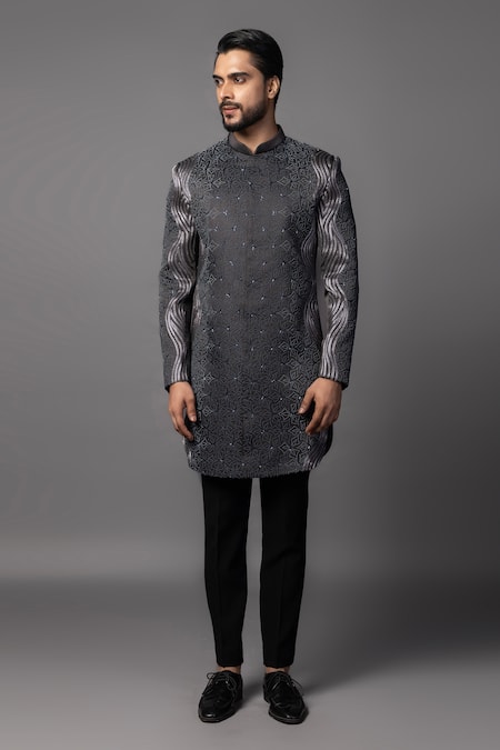 Buy_PAARSH_Black Linen, Satin Cut Work Gradient Embroidered Achkan With Pant _Online_at_Aza_Fashions