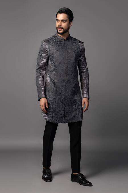 Shop_PAARSH_Black Linen, Satin Cut Work Gradient Embroidered Achkan With Pant _Online_at_Aza_Fashions