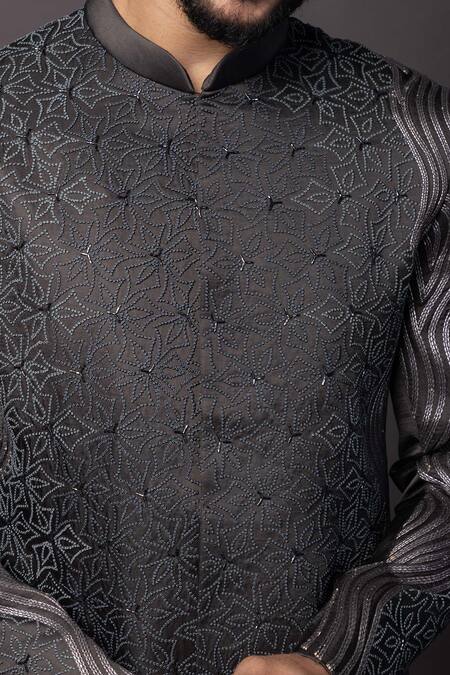 PAARSH_Black Linen, Satin Cut Work Gradient Embroidered Achkan With Pant _at_Aza_Fashions