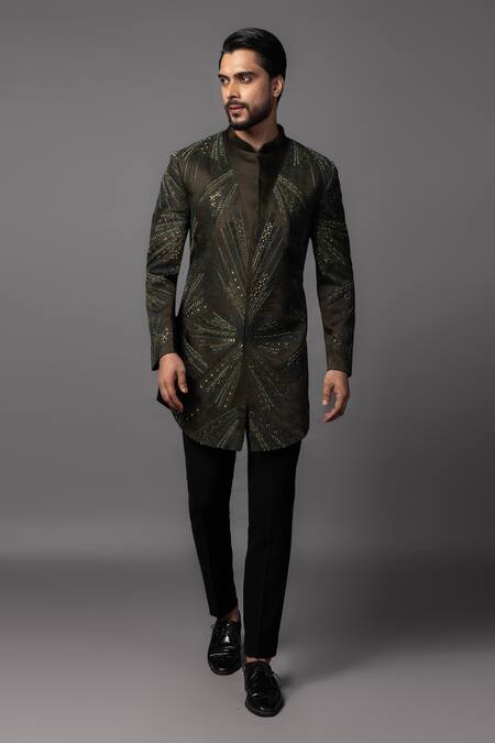 PAARSH_Black Linen Cut Work Sunburst Embroidered Achkan With Pant _Online_at_Aza_Fashions