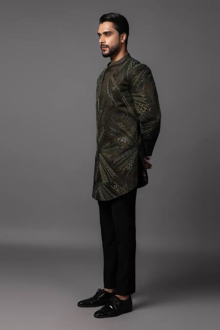 Buy_PAARSH_Black Linen Cut Work Sunburst Embroidered Achkan With Pant _Online_at_Aza_Fashions