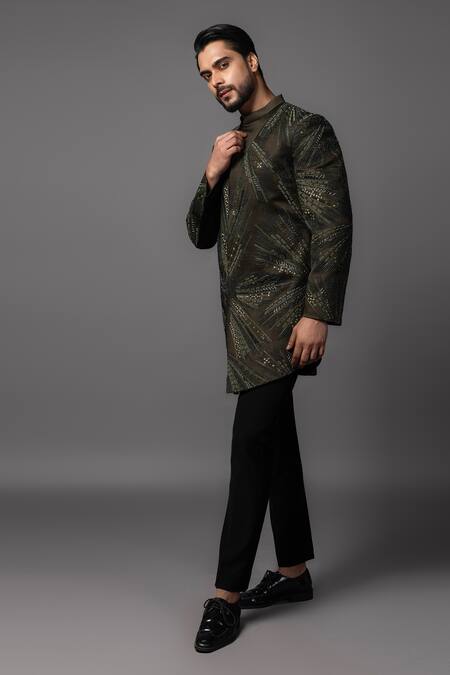 Shop_PAARSH_Black Linen Cut Work Sunburst Embroidered Achkan With Pant _Online_at_Aza_Fashions