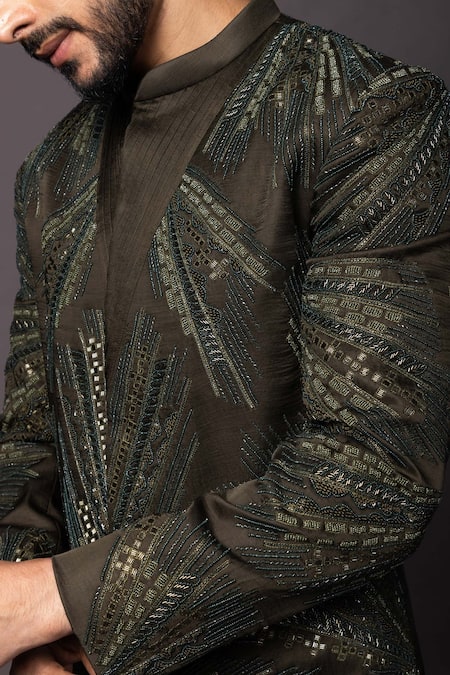 PAARSH_Black Linen Cut Work Sunburst Embroidered Achkan With Pant _at_Aza_Fashions