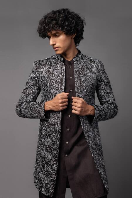 PAARSH_Brown Linen, Satin Zari Embroidered Sherwani And Kurta Set _Online_at_Aza_Fashions