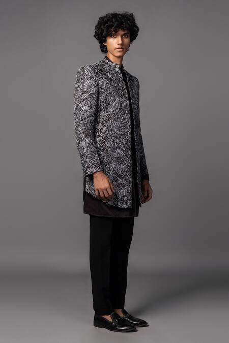 Buy_PAARSH_Brown Linen, Satin Zari Embroidered Sherwani And Kurta Set _Online_at_Aza_Fashions