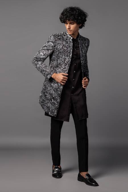 Shop_PAARSH_Brown Linen, Satin Zari Embroidered Sherwani And Kurta Set _Online_at_Aza_Fashions