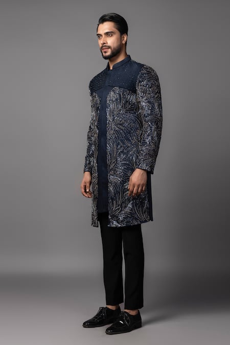Buy PAARSH Black Linen, Satin Cut Work, Beads Cutdana Floral Embroidered Achkan Set Online at Aza Fashions Buy_PAARSH_Black Linen, Satin Cut Work, Beads Cutdana Floral Embroidered Achkan Set _Online_at_Aza_Fashions