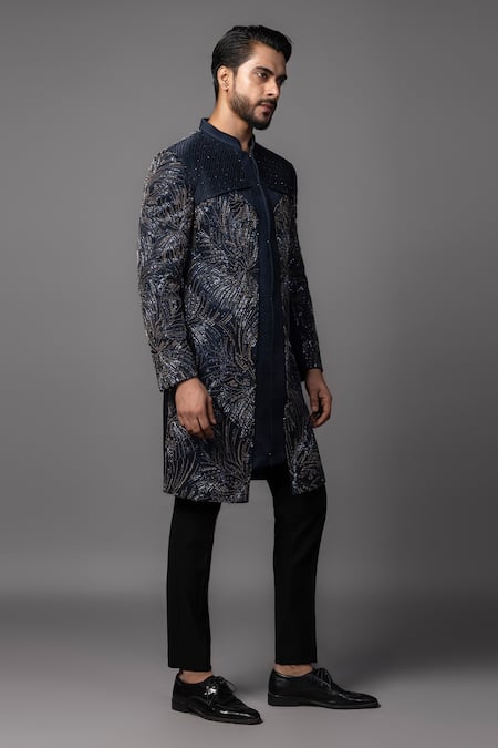 Shop PAARSH Black Linen, Satin Cut Work, Beads Cutdana Floral Embroidered Achkan Set Online at Aza Fashions Shop_PAARSH_Black Linen, Satin Cut Work, Beads Cutdana Floral Embroidered Achkan Set _Online_at_Aza_Fashions