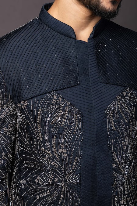 PAARSH Black Linen, Satin Cut Work, Beads Cutdana Floral Embroidered Achkan Set at Aza Fashions PAARSH_Black Linen, Satin Cut Work, Beads Cutdana Floral Embroidered Achkan Set _at_Aza_Fashions