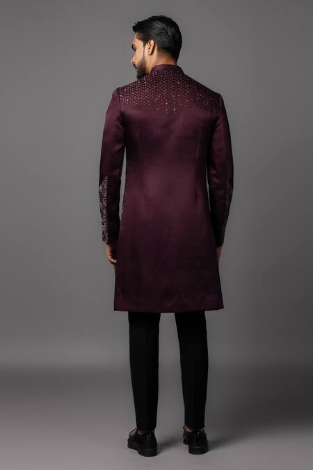 PAARSH Resham Embroidered Wine Achkan & Pant Set 