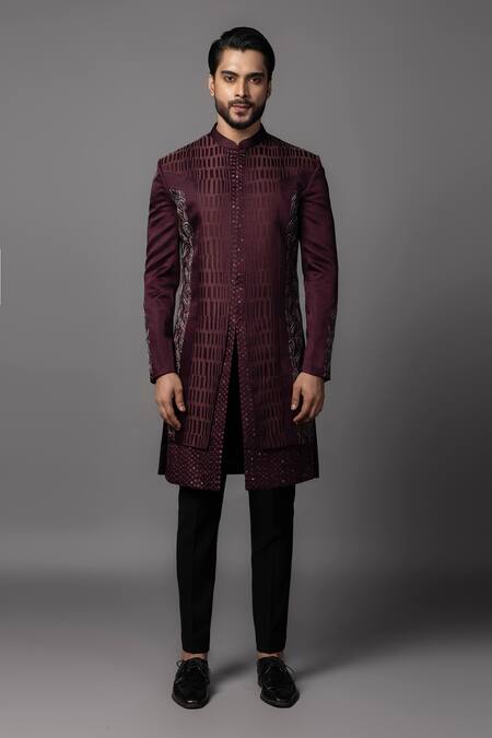 Buy_PAARSH_Black Linen, Satin Zari, Embroidery Resham Wine Achkan And Pant Set _Online_at_Aza_Fashions