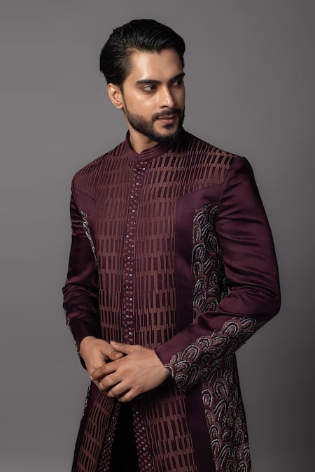 Shop_PAARSH_Black Linen, Satin Zari, Embroidery Resham Wine Achkan And Pant Set _Online_at_Aza_Fashions