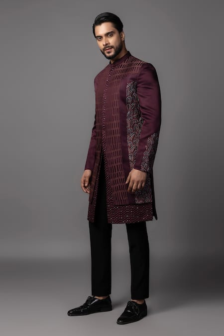 PAARSH_Black Linen, Satin Zari, Embroidery Resham Wine Achkan And Pant Set _at_Aza_Fashions