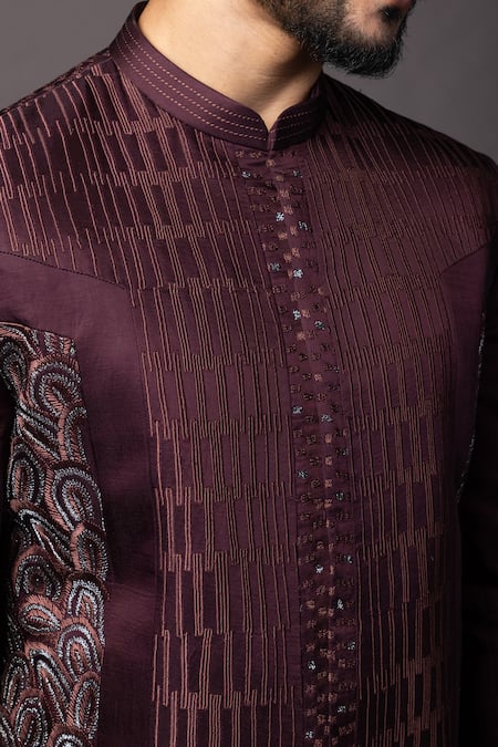 Buy_PAARSH_Black Linen, Satin Zari, Embroidery Resham Wine Achkan And Pant Set 