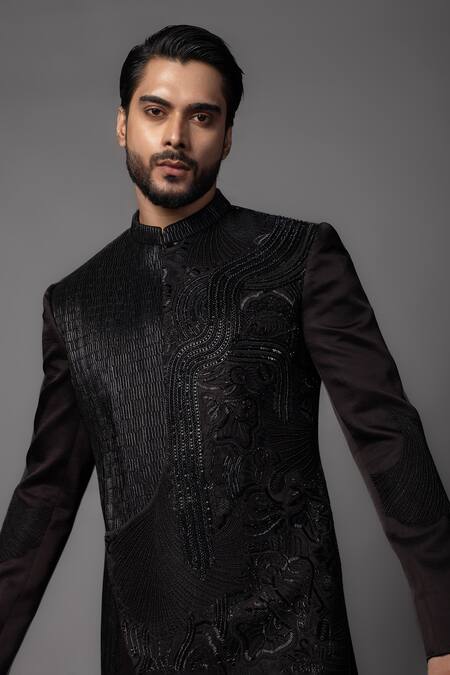 PAARSH_Brown Linen, Satin Stones, Embroidery Asymmetric Achkan Set _Online_at_Aza_Fashions