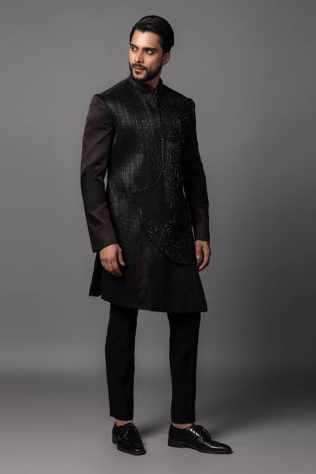 Buy_PAARSH_Brown Linen, Satin Stones, Embroidery Asymmetric Achkan Set _Online_at_Aza_Fashions