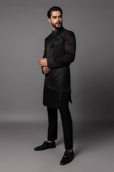 Shop_PAARSH_Brown Linen, Satin Stones, Embroidery Asymmetric Achkan Set _Online_at_Aza_Fashions