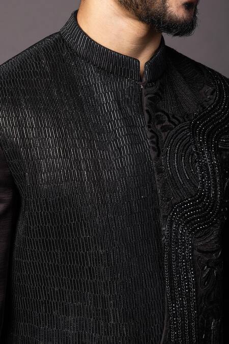 PAARSH_Brown Linen, Satin Stones, Embroidery Asymmetric Achkan Set _at_Aza_Fashions