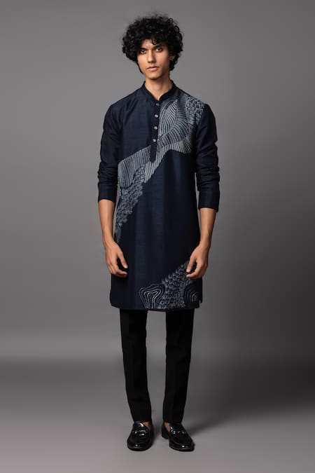 Shop_PAARSH_Blue Bamboo, Cotton Embroidery Kantha Wave Kurta Set _at_Aza_Fashions