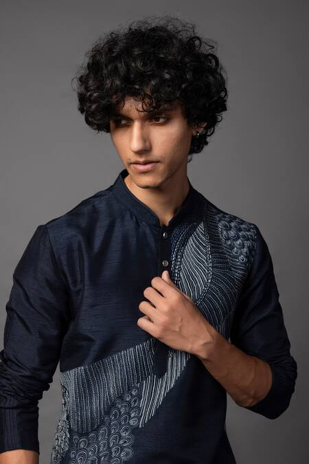 PAARSH_Blue Bamboo, Cotton Embroidery Kantha Wave Kurta Set _Online_at_Aza_Fashions