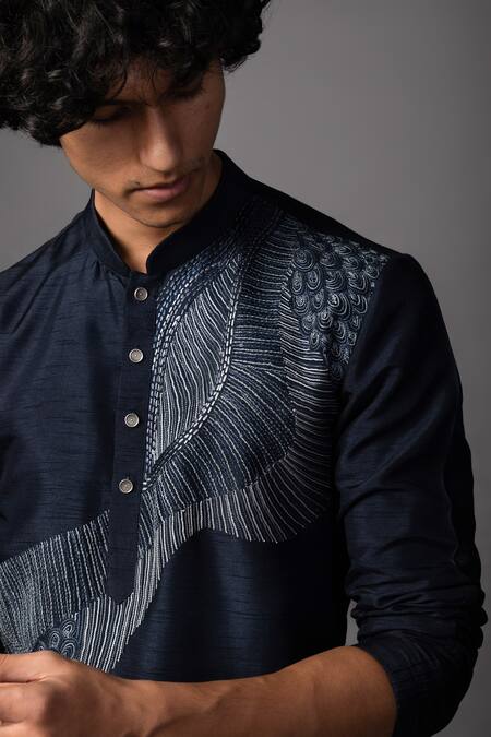 Shop_PAARSH_Blue Bamboo, Cotton Embroidery Kantha Wave Kurta Set _Online_at_Aza_Fashions
