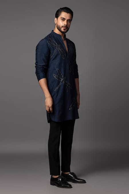 Buy_PAARSH_Blue Bamboo Cut Work Dragonfly Embroidered Kurta Set _Online_at_Aza_Fashions
