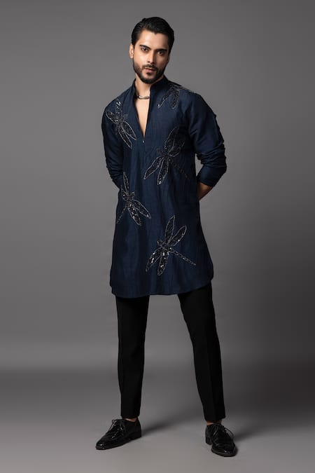 Shop_PAARSH_Blue Bamboo Cut Work Dragonfly Embroidered Kurta Set _Online_at_Aza_Fashions