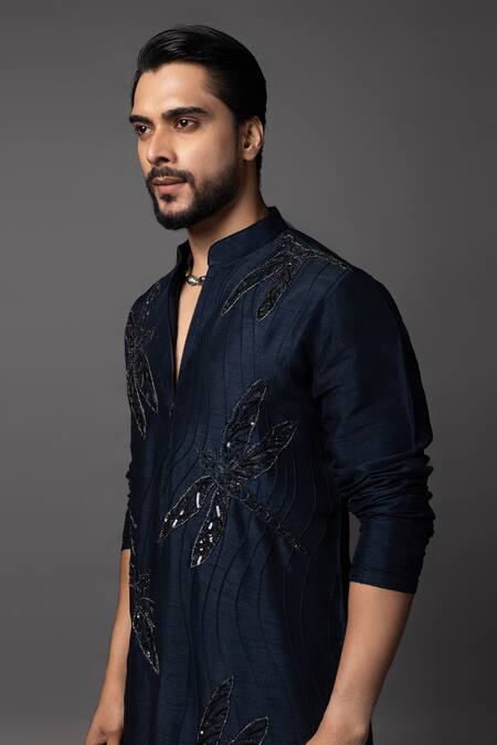 PAARSH_Blue Bamboo Cut Work Dragonfly Embroidered Kurta Set _at_Aza_Fashions