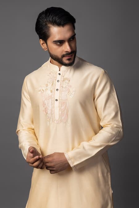 PAARSH_Peach Chanderi Piping Embroidered Kurta _Online_at_Aza_Fashions