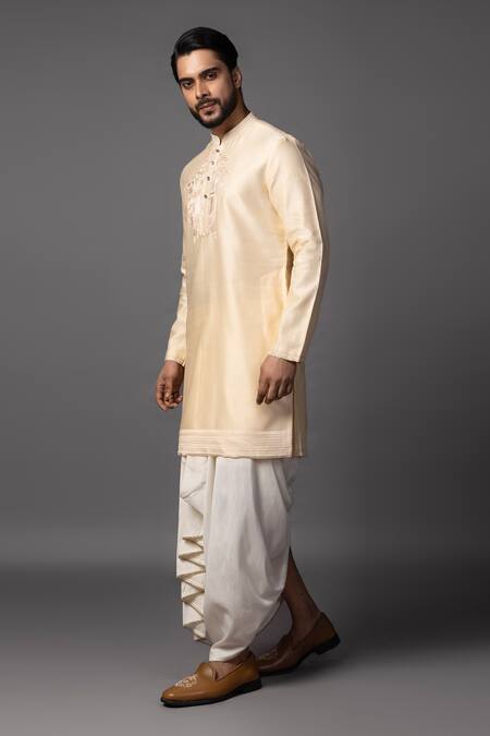 Buy_PAARSH_Peach Chanderi Piping Embroidered Kurta _Online_at_Aza_Fashions