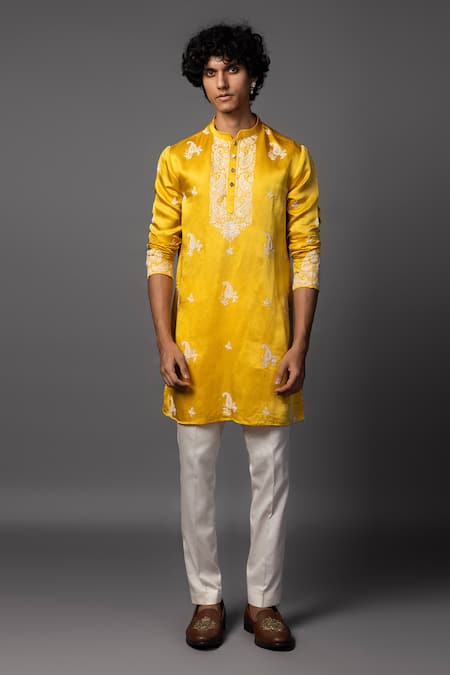 Shop PAARSH Yellow Linen, Satin, Cotton Pearls, Embroidery Paisley Kurta Set Online at Aza Fashions Shop_PAARSH_Yellow Linen, Satin, Cotton Pearls, Embroidery Paisley Kurta Set _Online_at_Aza_Fashions