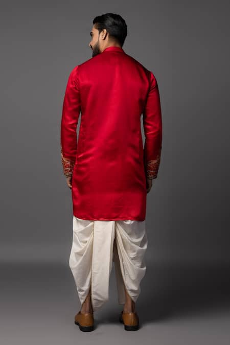 Shop_PAARSH_Red Linen, Satin, Cotton Cut Work Embroidered Kurta Set With Dhoti Pant _at_Aza_Fashions