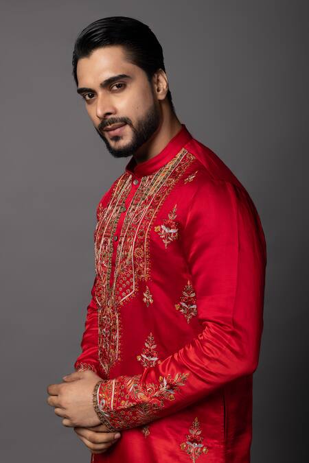 PAARSH_Red Linen, Satin, Cotton Cut Work Embroidered Kurta Set With Dhoti Pant _Online_at_Aza_Fashions