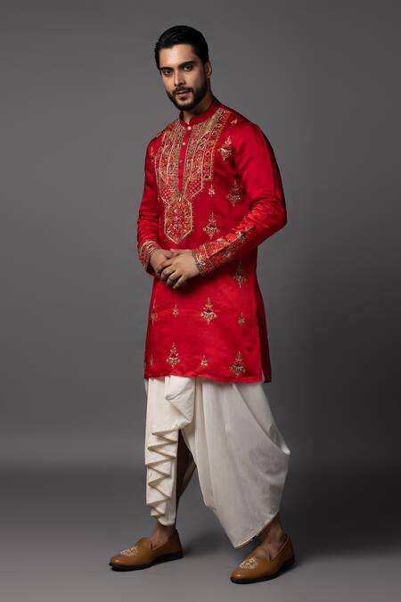 Buy_PAARSH_Red Linen, Satin, Cotton Cut Work Embroidered Kurta Set With Dhoti Pant _Online_at_Aza_Fashions