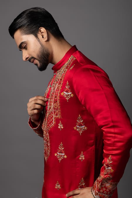 Shop_PAARSH_Red Linen, Satin, Cotton Cut Work Embroidered Kurta Set With Dhoti Pant _Online_at_Aza_Fashions