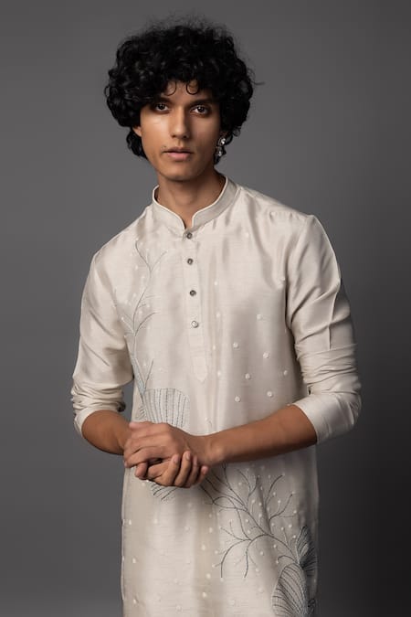 PAARSH_Gray Bamboo Pearls, Embroidery Resham Grey Kurta Set _Online_at_Aza_Fashions