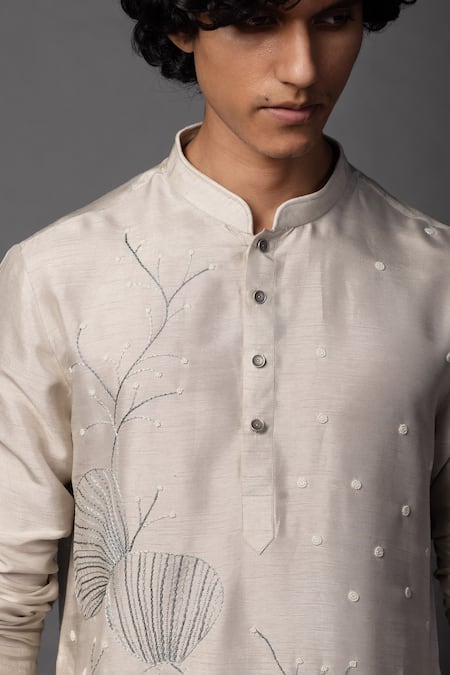 PAARSH_Gray Bamboo Pearls, Embroidery Resham Grey Kurta Set _at_Aza_Fashions