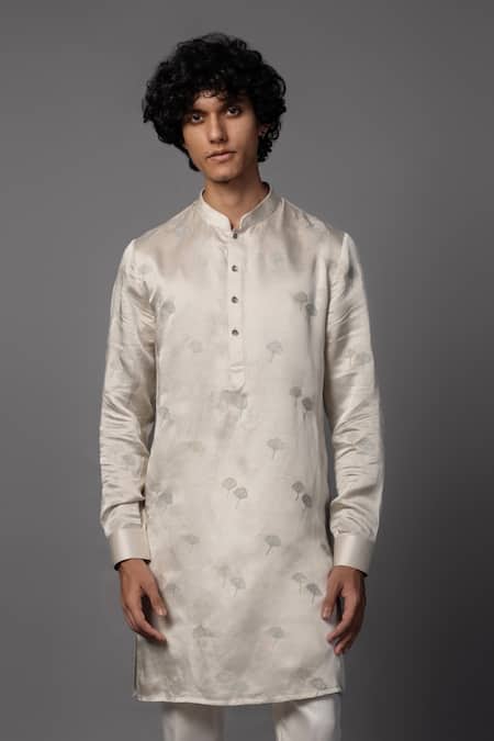 PAARSH_Gray Linen Embroidery Grey Resham Kurta Set _Online_at_Aza_Fashions