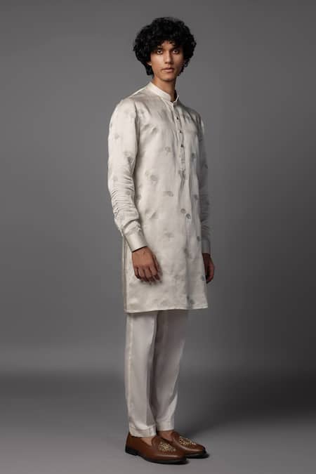 Shop_PAARSH_Gray Linen Embroidery Grey Resham Kurta Set _Online_at_Aza_Fashions