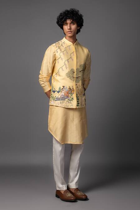 PAARSH_Yellow Linen, Satin Embroidery, Sequins Ram Sita Bundi Kurta Set _Online_at_Aza_Fashions