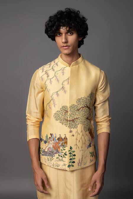 Buy_PAARSH_Yellow Linen, Satin Embroidery, Sequins Ram Sita Bundi Kurta Set _Online_at_Aza_Fashions
