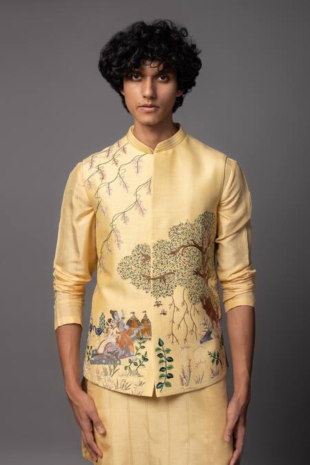 Shop_PAARSH_Yellow Linen, Satin Embroidery, Sequins Ram Sita Bundi Kurta Set _Online_at_Aza_Fashions