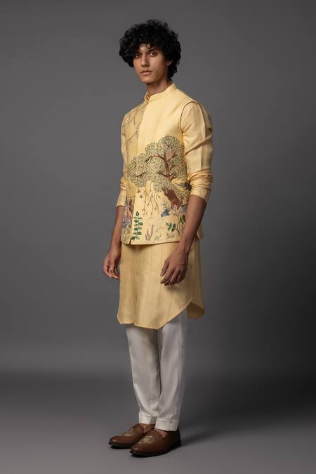 PAARSH_Yellow Linen, Satin Embroidery, Sequins Ram Sita Bundi Kurta Set _at_Aza_Fashions