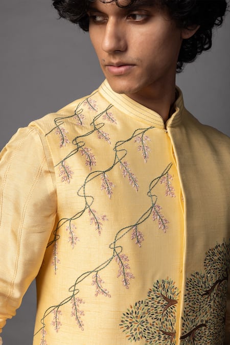 Buy_PAARSH_Yellow Linen, Satin Embroidery, Sequins Ram Sita Bundi Kurta Set 