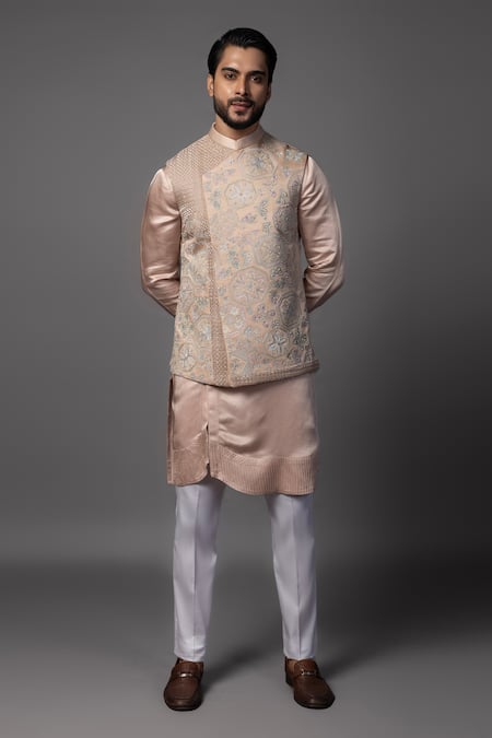 PAARSH_Pink Linen, Satin Sequins, Cut Work, Geometric Butterfly Embroidered Bundi Set _Online_at_Aza_Fashions